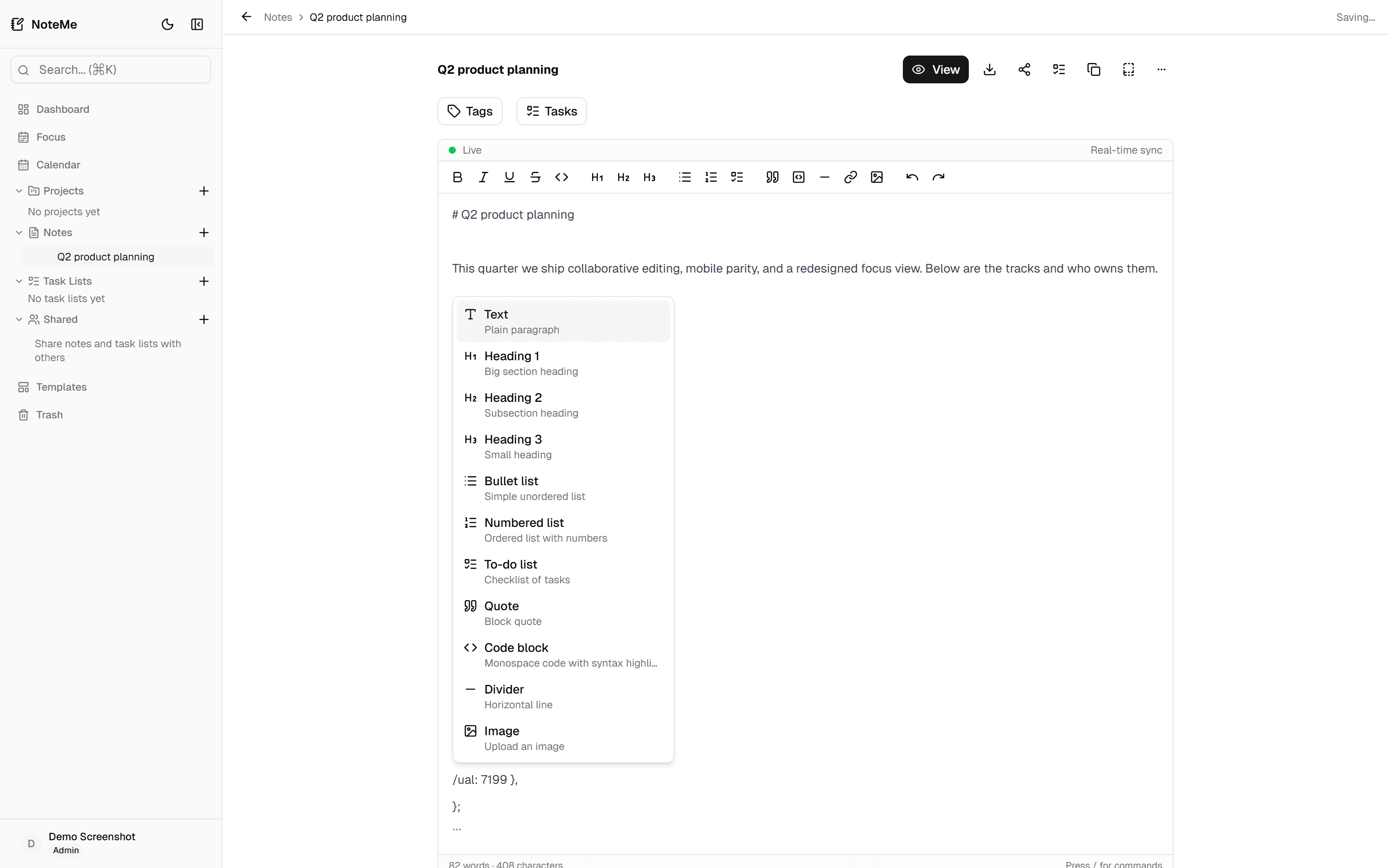 Slash menu open in the NoteMee editor
