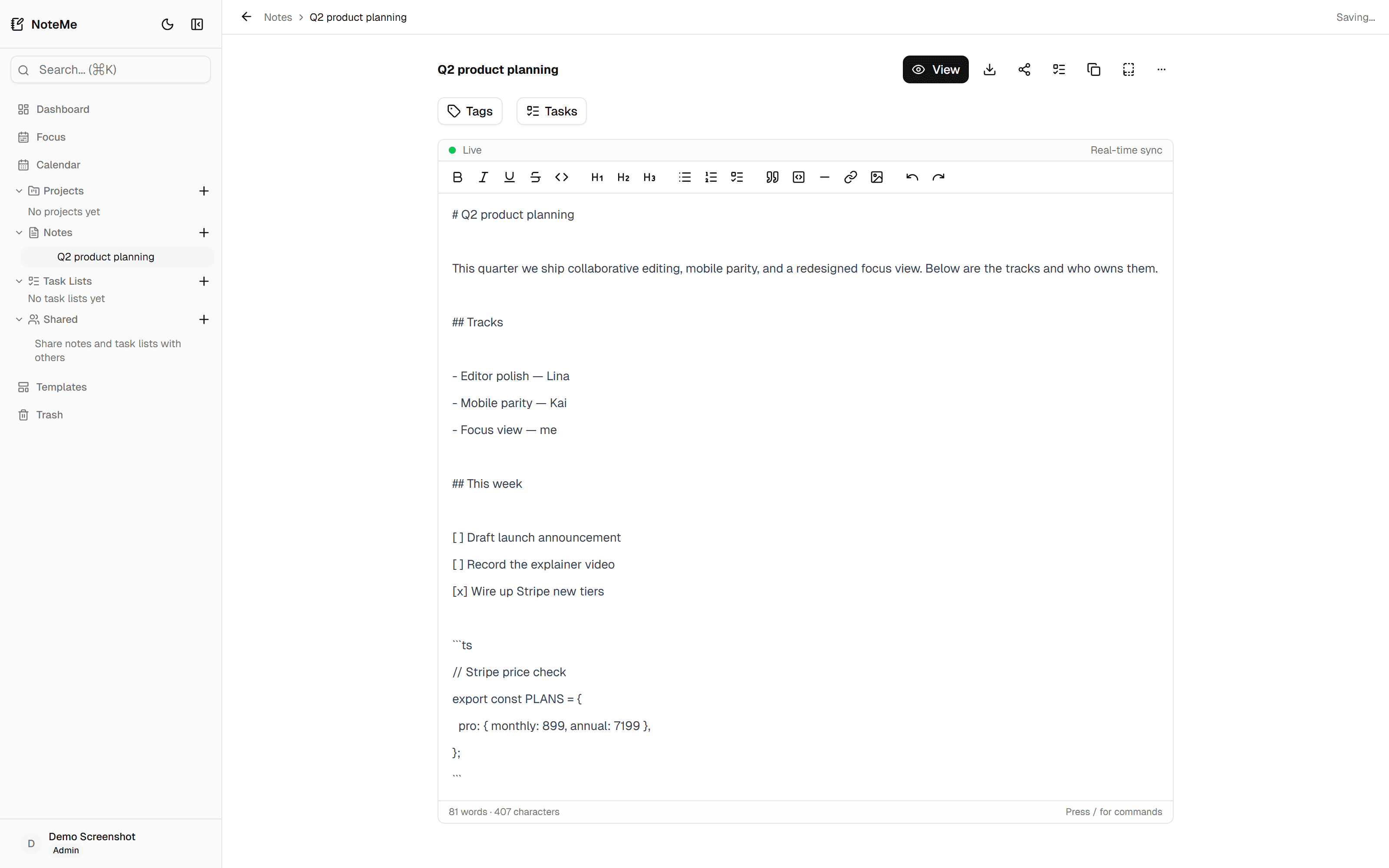 NoteMee — editor with nested notes and a task list